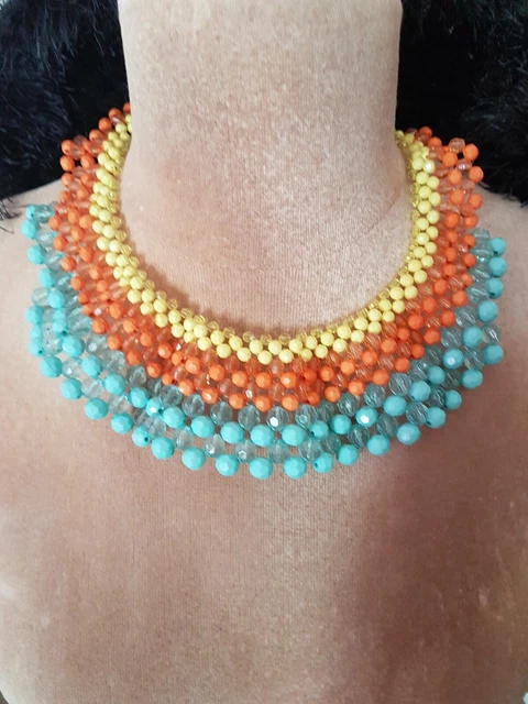 Collier Plastron En Résine Avec Perles Plates Imitation Turquoise - Neuf Sans Emballage, Bijou Bleu Turquoise