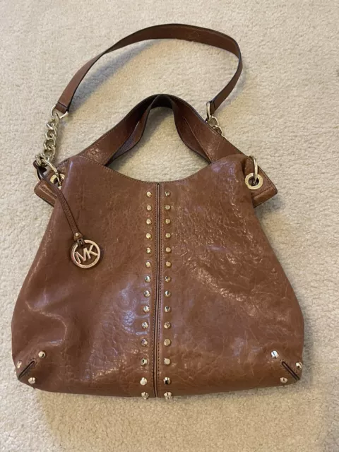 MICHAEL Michael Kors Uptown Astor Studded Shoulder Tote Caramel Leather Hobo Bag