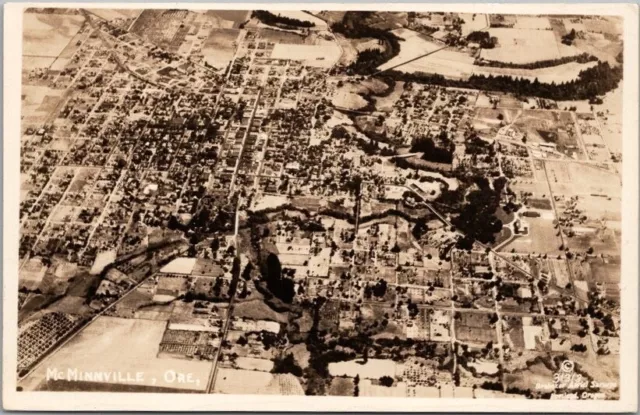 McMINNVILLE, Oregon Real Photo RPPC Postcard Aerial / Airplane City View c1940s