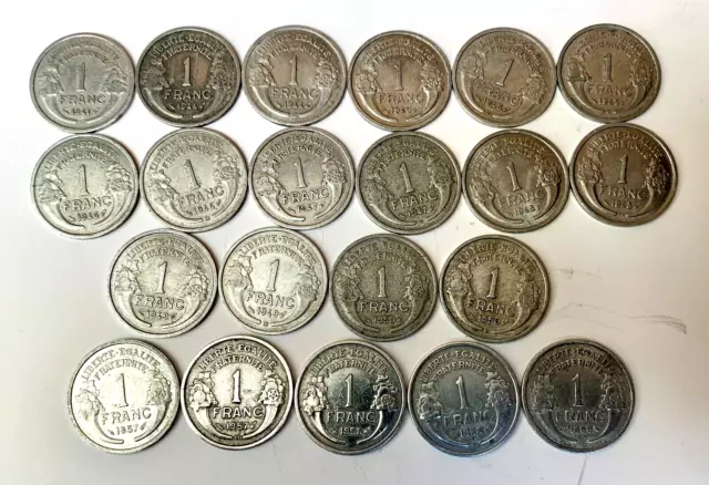 France lot 21 monnaies 1 franc Morlon 1941 à 1959 série complète 1 Fr aluminium