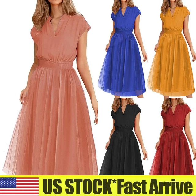 Women V Neck Lace Swing Dress  Evening Party Short Sleeve Ball Gown Midi Dresses