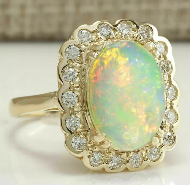 Natural 3.30Ct Oval Cut Fire Opal Halo Engagement Ring 14K Yellow Gold Plated 2
