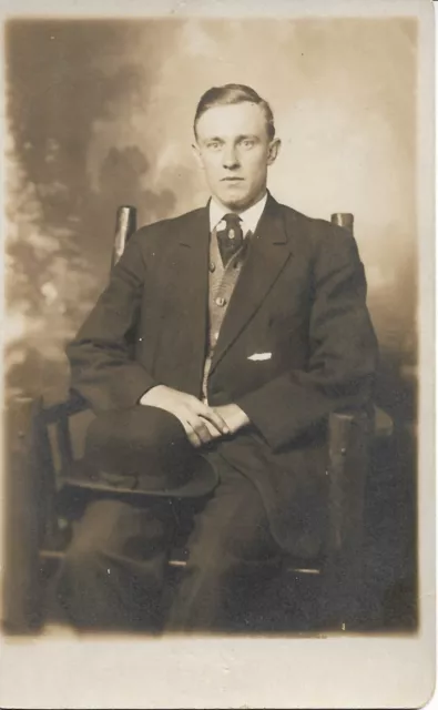 Man Real Photo Postcard RPPC Sitting Chair Studio Suit Tie 1920s Unposted