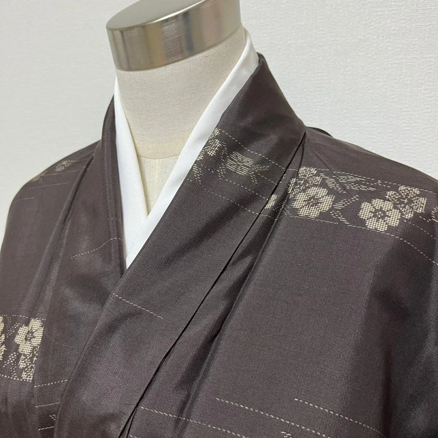 Japanese Silk Kimono Oshima Tsumugi Pongee 155cm Floral Pattern