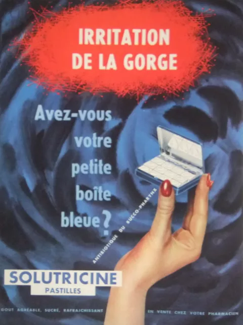 Publicité 1956 Irritation De La Gorge Solutricine Pastille Petite Boite Bleue