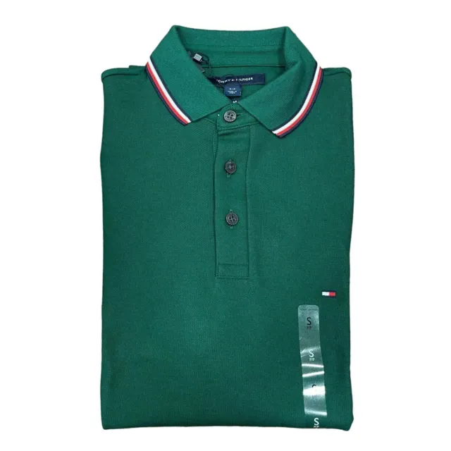 Tommy Hilfiger Men's Regular Fit Stripe Tipping Wicking Long Sleeve Polo Green