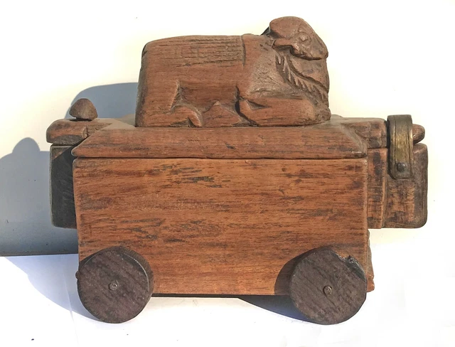 Antique Hand Made Amish Wooden Rolling Toy Sliding Lid Two Compartments Inside