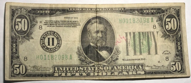 1934 green seal $50 bill. Federal Reserve Note H St. Louis. Fine.  FR-2102H  #6