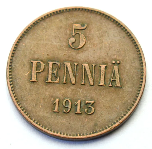 Russia Finland 5 Pennia 1913 Nicholas Ii Old Coin