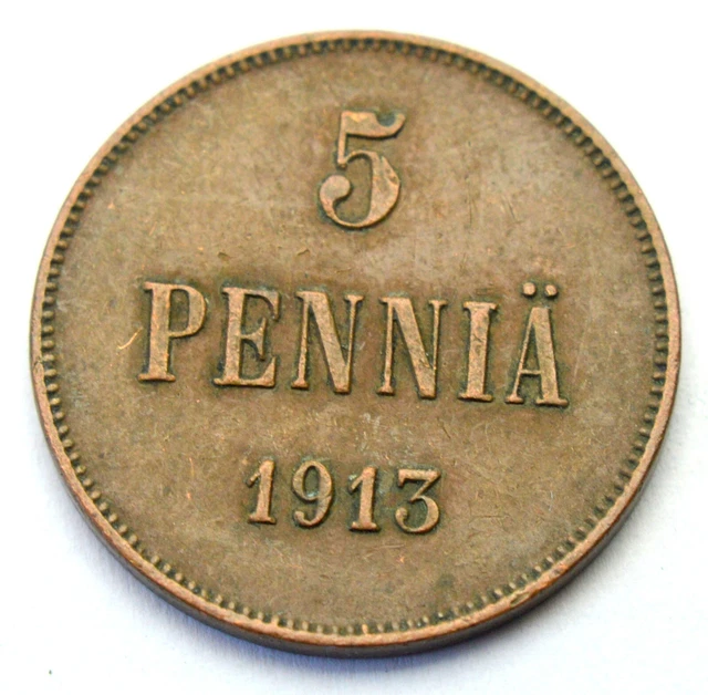 Russia Finland 5 Pennia 1913 Nicholas Ii Old Coin