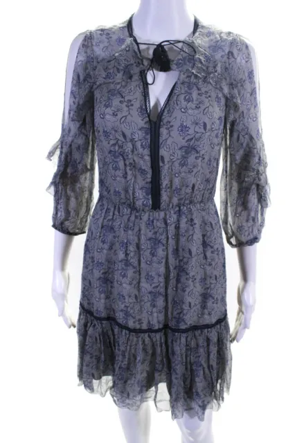 Elie Tahari Women's Silk Floral Print Long Sleeve V-Neck Dress Gray Size 4