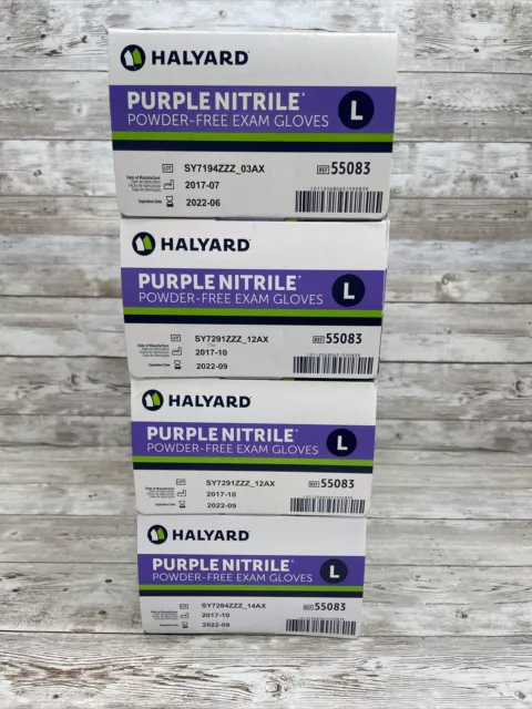 Lot of 4 HALYARD PURPLE NITRILE EXAM GLOVES Size: LARGE, Exp: 6/22 & 9/22