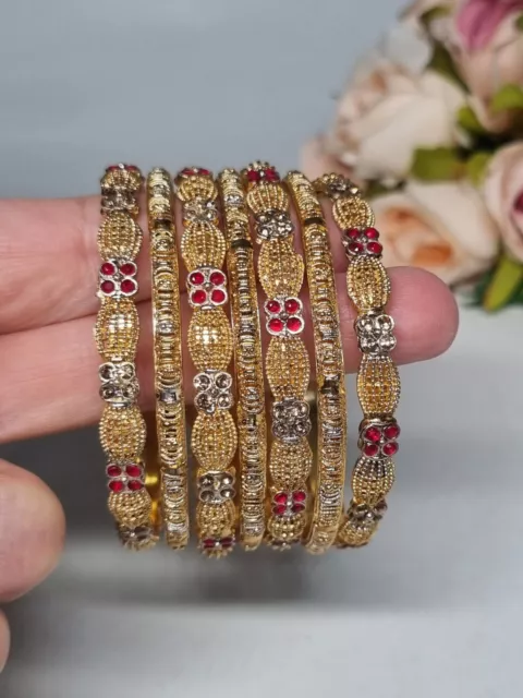 Indian Pakistani 7 Piece Gold Plated Bangles Set With Red Champagne Stones . 2.6