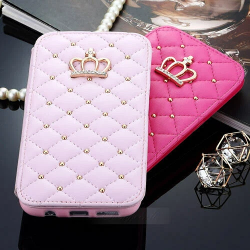 For iPhone 14 13 12 11 XS XR Girls Diamond Bling Crown Wallet Flip Leather Case