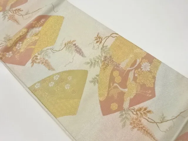 6359870: Japanese Kimono / Vintage Fukuro Obi / Woven Cranes & Wisteria
