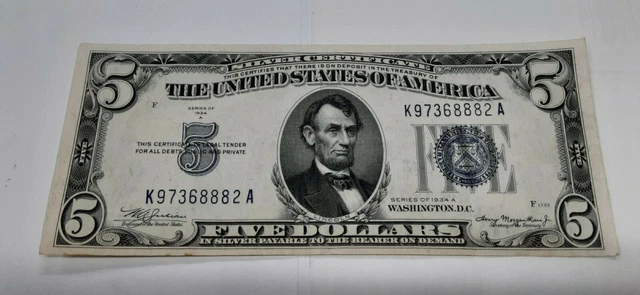 Series 1934-A $5 Silver Certificate K-A Block - VF plus Condition