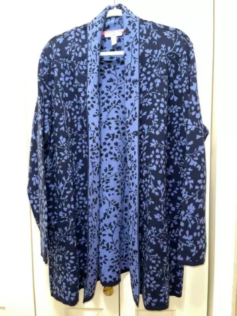 Women's ISAAC MIZRAHI Blue Floral Open Cardigan Duster Sweater-Size 1X-EUC