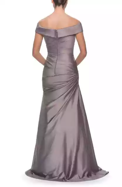 La Femme Womens Off the Shoulder Satin Evening Gown in Platinum Size 10 New $498 2