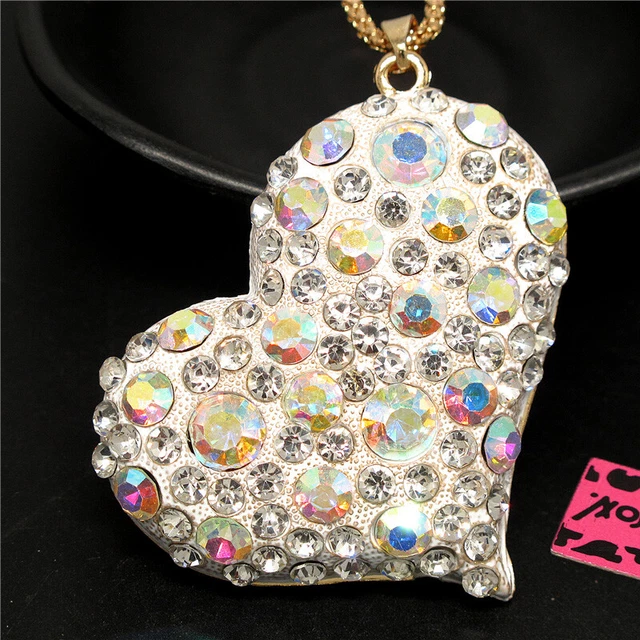 Betsey Johnson Rhinestone White Enamel Heart Crystal Pendant Chain Necklace Gift