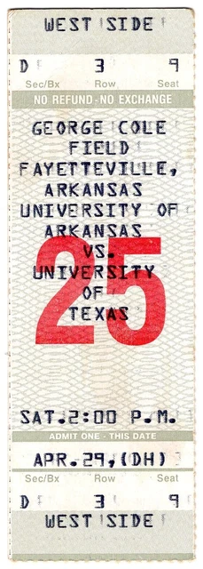 Vintage Arkansas Razorbacks Baseball Ticket Stub Texas 1989 George Cole Field