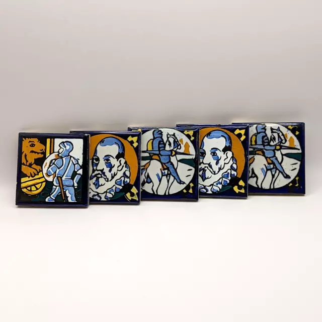 Hand Painted Spanish Ceramic Tiles, Cobalt Blue, Don Quixote, Set of 5, Spain