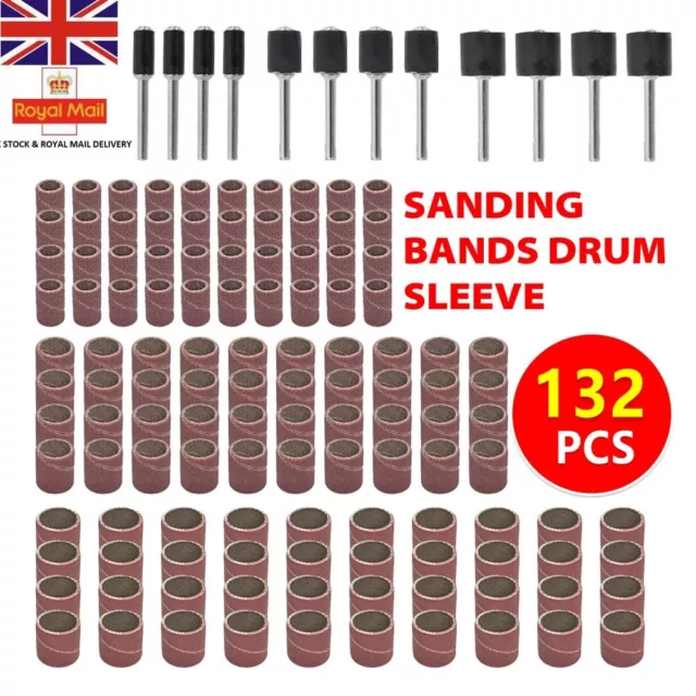 132pcs Sanding Bands Drum Sleeve Set 120 Grits Mandrel Dremel Rotary Kits Tool