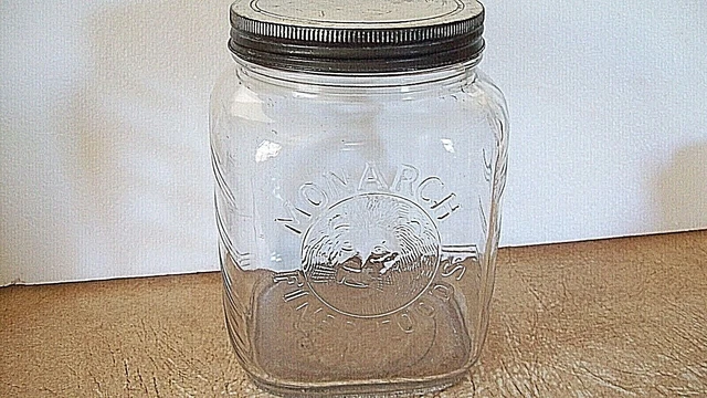Vtg Hoosier style Jar Canister MONARCH FINER FOODS, Raised  Lions Head Logo