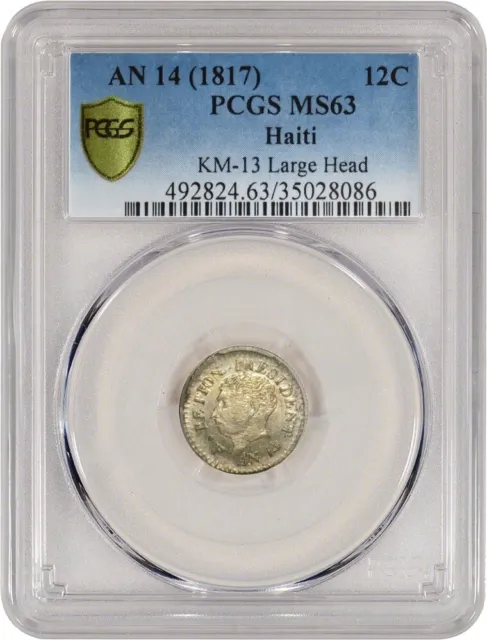 1817 AN14 12C Republic Of Haiti 12 Centimes Silver KM-13 Large Head PCGS MS63