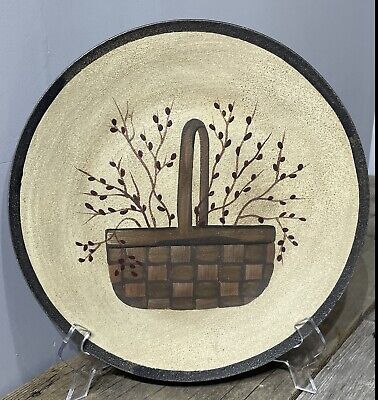 Signed Donna White Rustic Large Wooden Hand Painted Plate - Basket with Leaves