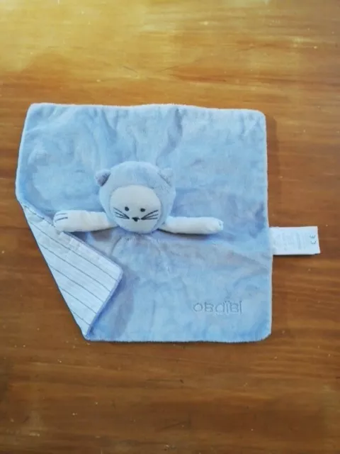 Doudou Obaibi Okaidi OB Chat Ours Plat Carré Gris Blanc Rayé Argent