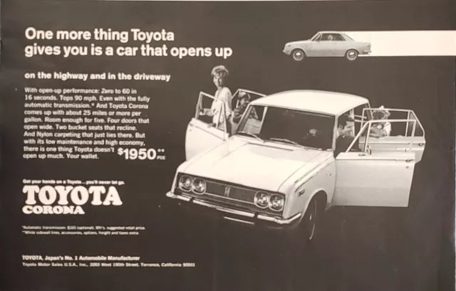 1969 Toyota Corona Automobile Car Reclining Bucket Seats Print Ad