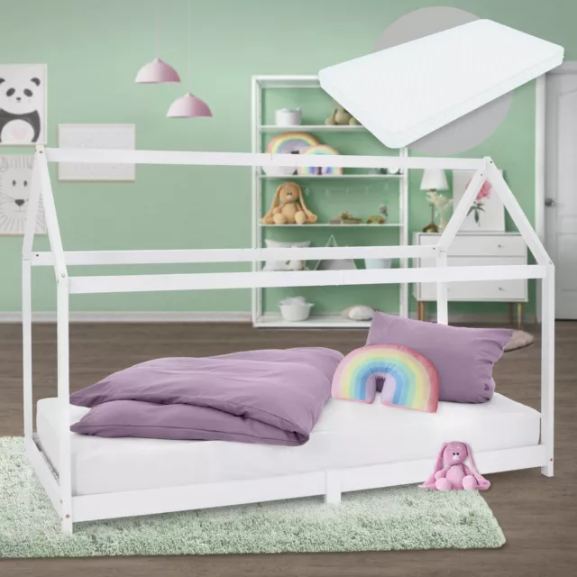 Cama montessori para niños con colchón 90 x 200 cm madera blanca, forma de casa