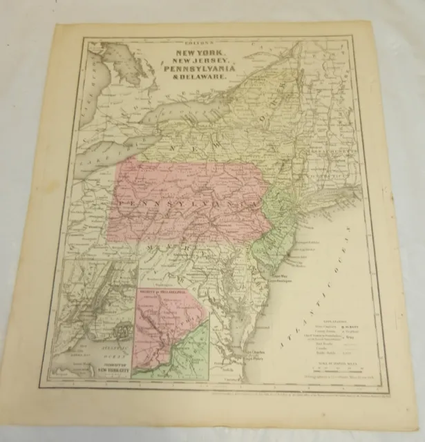 1864 Colton COLOR Map/NEW YORK,PENNSYLVANIA,NEW JERSEY,DELAWARE b/w VT,MA,RI,CT