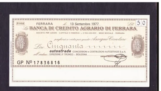 Miniassegno Banca Credito Agrario di Ferrara Autostrade 50 L 13-9-1977