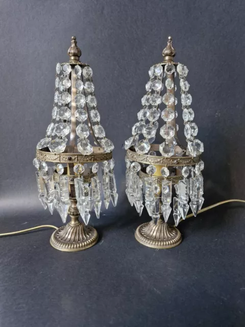 Antique Vintage Pair French Brass Crystals Empire-style Boudoir Table Lamps