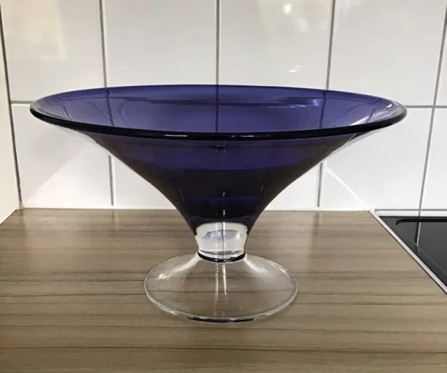 Vtg hand blown blue/clear art glass footed centerpiece bowl 13’ Across Top 7.5H
