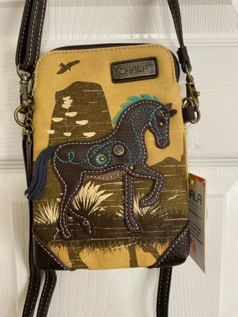 CHALA SAFARI COLLECTION CANVAS HORSE CELL PHONE CROSSBODY - Adj. Strap - BROWN