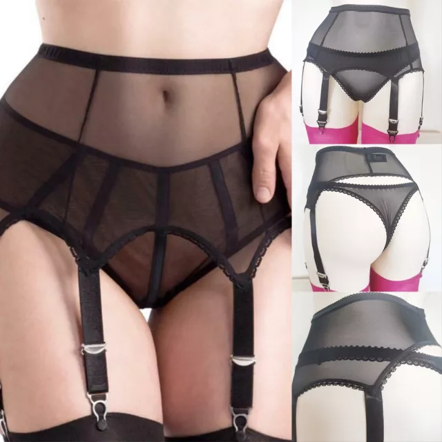 Womens 6-Straps Garter Belt Sexy Lace Mesh Sheer See-Through High-Elastic Black 2