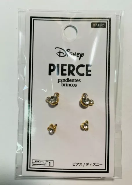 Daiso Disney MICKEY MOUSE PIERCE/STUD EARRINGS (2 Pairs) Gold - New *US Seller*