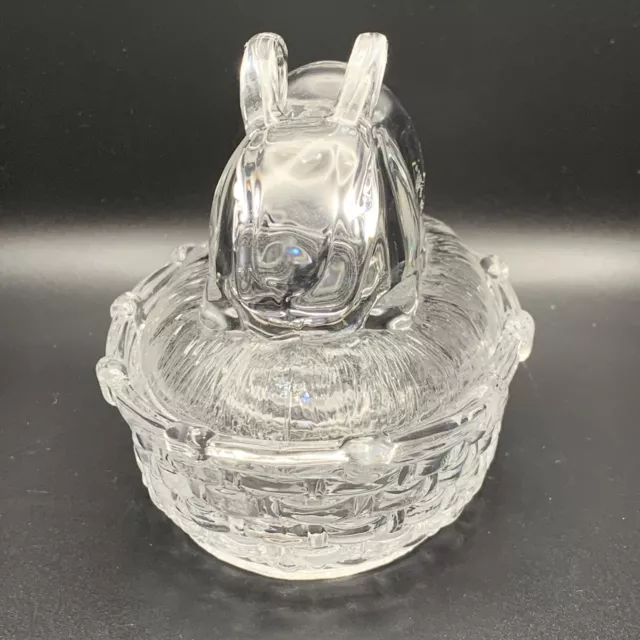Bunny Rabbit on a Nest Basket Clear Glass Covered Trinket Candy Dish 5” 2