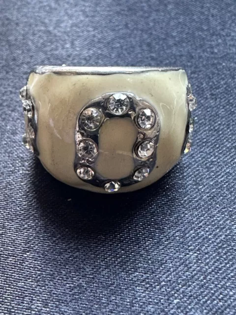 Huge Vintage French Creator Ring Cream Enamel with crystals insertions size5.75