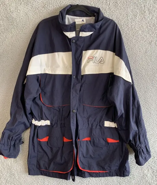 Vintage 90s Fila Men's Size Large Full Zip Parka Jacket Nylon Windbreaker Navy