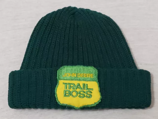 Vintage 70s John Deere Trail Boss Snowmobile Patch Beanie Chunky Knit Winter Hat