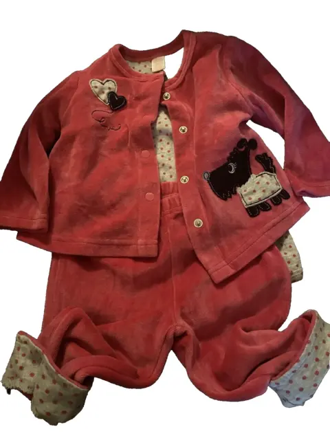 First Impressions Infant Girl 3 Piece Pink Velour Hearts Pants Shirt Jacket 6-9m