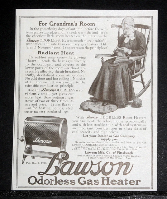 1918 Old Magazine Print Ad, Lawson Odorless Gas Heater, For Grandma's Room!
