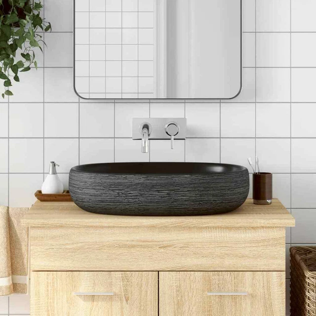 Arbeitsplatte Becken Grau Und Schwarz Oval 59x40x14 CM aus Keramik