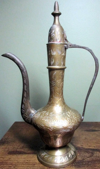 Vintage SOLID BRASS TEA POT w. Hinged Lid ~ Etched Floral Design