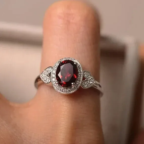 1.65 Ct Oval Cut Diamond Natural Garnet Engagement Ring 10K Solid White Gold