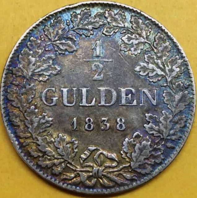 1/2 gulden 1838 Germany Wurttemberg Wilhelm Rainbow Patina