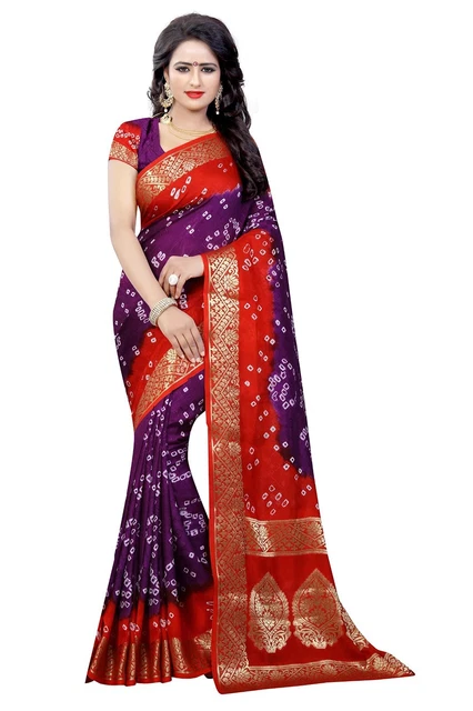 Women's Red-Blue Latest Zari Woven Design Bandhani Art Silk Saree & Blouse MT993